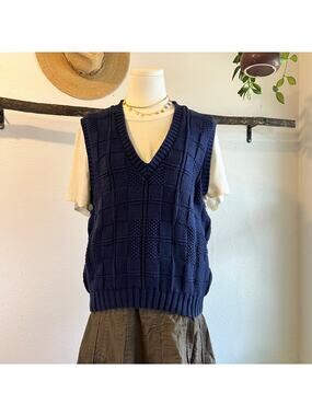 Lands' End 90s Vintage 100% Cotton USA Navy Blue Chunky Knit Size Large Women's